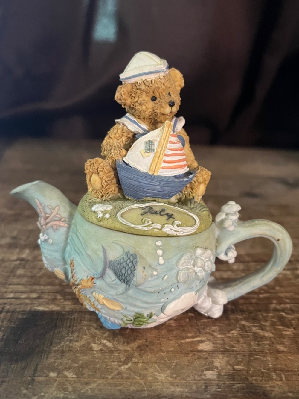 July Sailor Bear Teapot Trinket Box - Seafoam Green